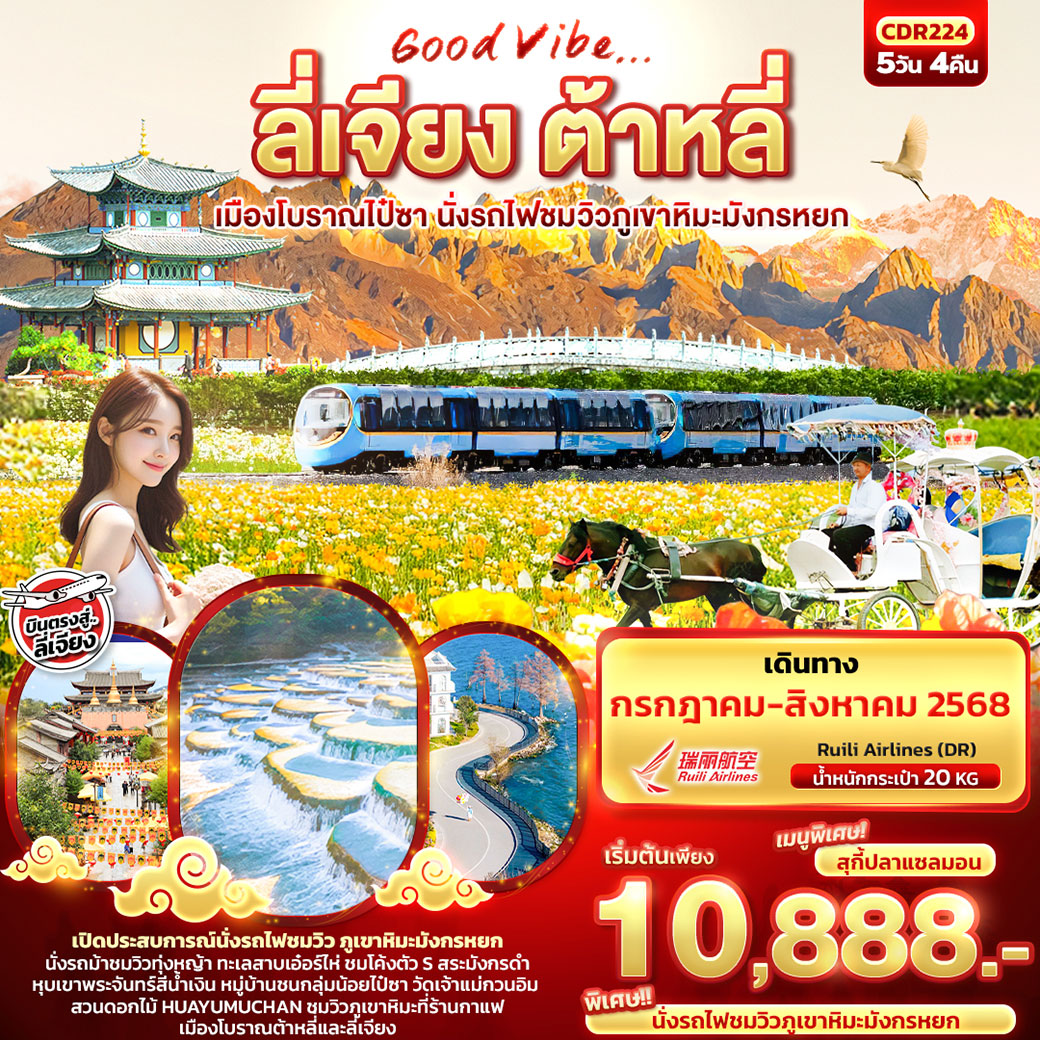 ทัวร์จีน  Good Vibe... ลี่เจียง ต้าหลี่ เมืองโบราณไป๋ซา นั่งรถไฟชมวิวภูเขาหิมะมังกรหยก 5วัน 4คืน (DR)