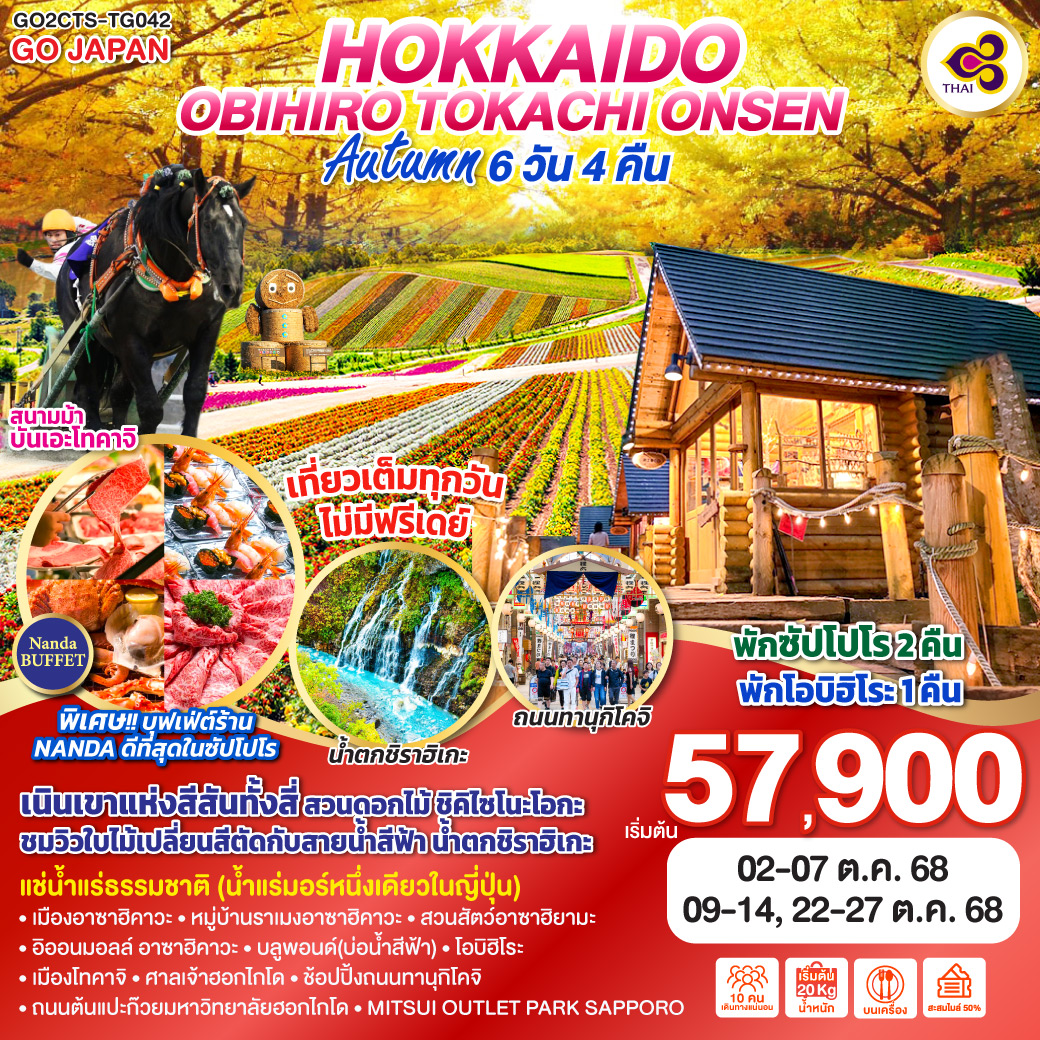 ทัวร์ญี่ปุ่น HOKKKAIDO OBIHIRO TOKACHI ONSEN AUTUMN 6วัน 4คืน (TG)