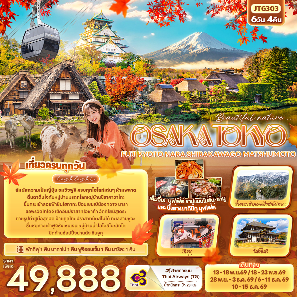 ทัวร์ญี่ปุ่น OSAKA TOKYO FUJI KYOTO NARA SHIRAKAWAGO MATSHUMOTO 6วัน 4คืน (TG)